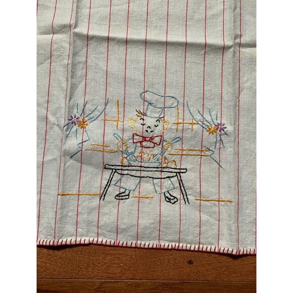 Vintage Red Pinstriped Hand Embroidered Chef cooking Hand Towel - Picture 1 of 8